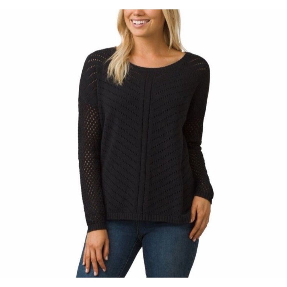 prAna Parker Perforated Crochet Open Knit Sweater Black Size‎ XS Organic Cotton